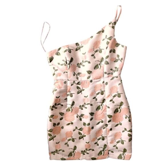 Fore Women's Dress Sz Large One Shoulder Fitted Pink Ivory Satin Short Formal - Picture 1 of 12
